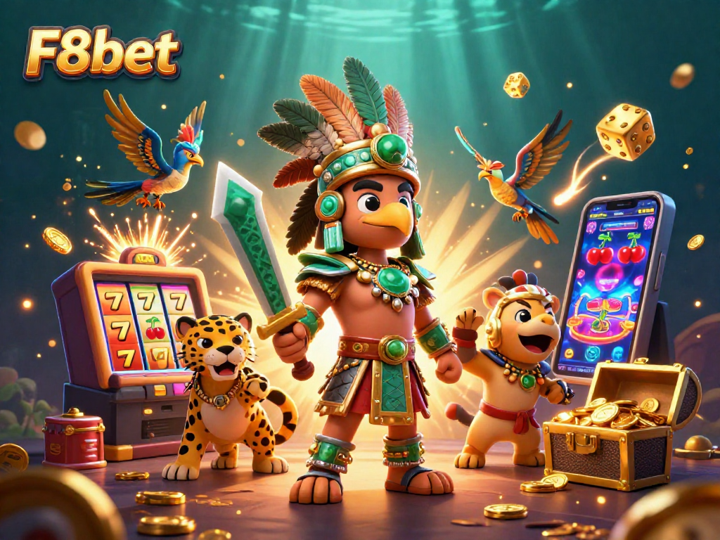 Engage with F8bet's vibrant 3D illustration showcasing dynamic gaming elements and rich characters.