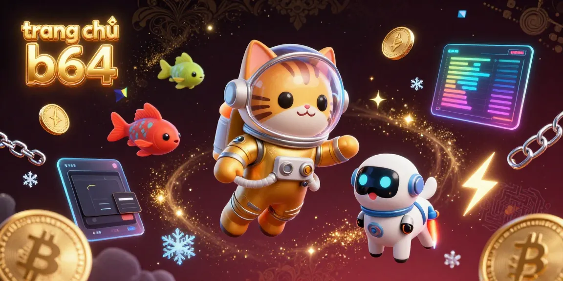 Engage with the whimsical world of trang chủ b64 featuring a space astronaut cat, robot dog, and alien fish amidst vibrant crypto graphics.