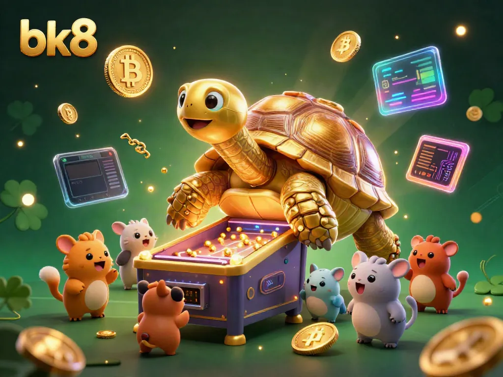Experience gaming excitement at bk8 with a golden tortoise pinball machine surrounded by crypto coins and vibrant animations.