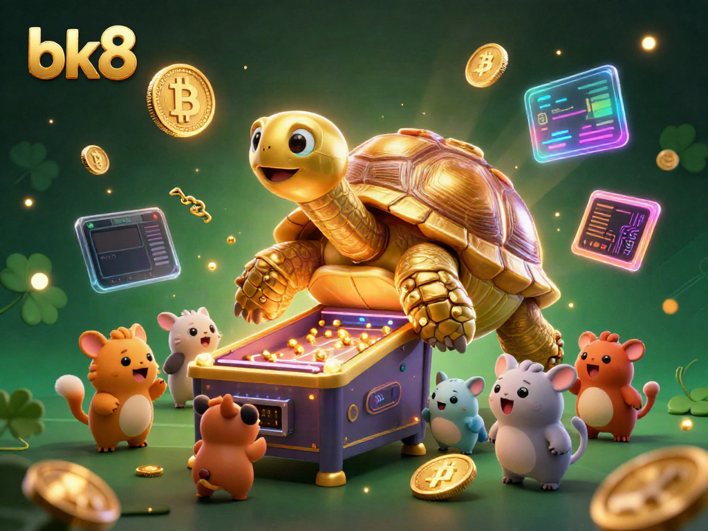 Experience gaming excitement at bk8 with a golden tortoise pinball machine surrounded by crypto coins and vibrant animations.