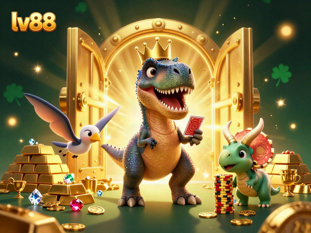 Experience the excitement of gambling with lv88 in this vibrant, cartoonish casino scene featuring animated dinosaurs.