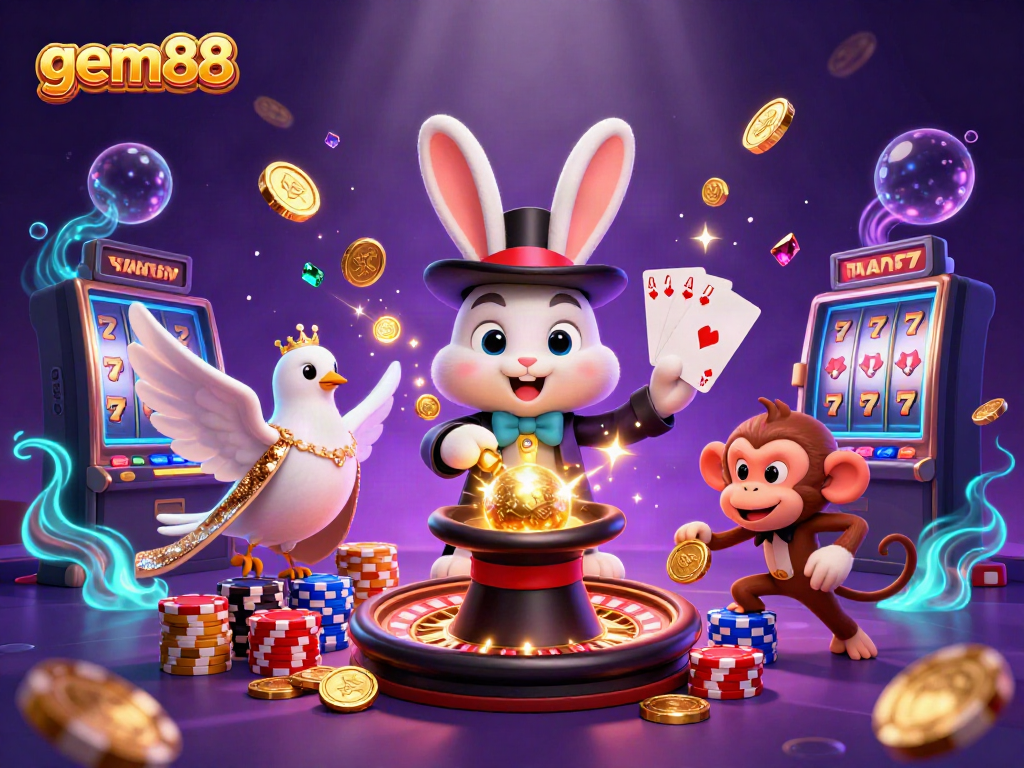 Experience the magic of gem88 with a cartoon magician, dove, and monkey amidst casino elements.