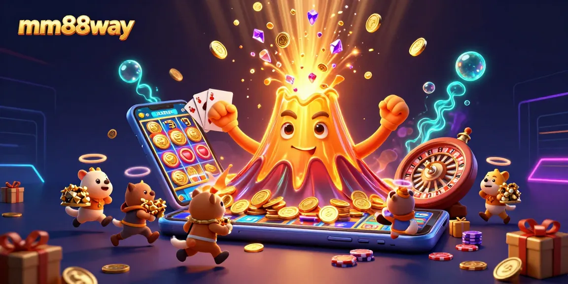 Experience the excitement of mm88way with vibrant treasures erupting from a golden volcano in a thrilling 3D casino scene.