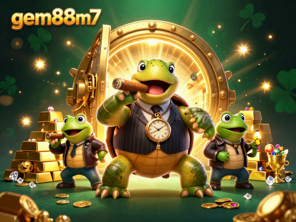 Join the vibrant scene of gem88m7 with 3D characters celebrating fortune and luck in a dynamic casino environment.