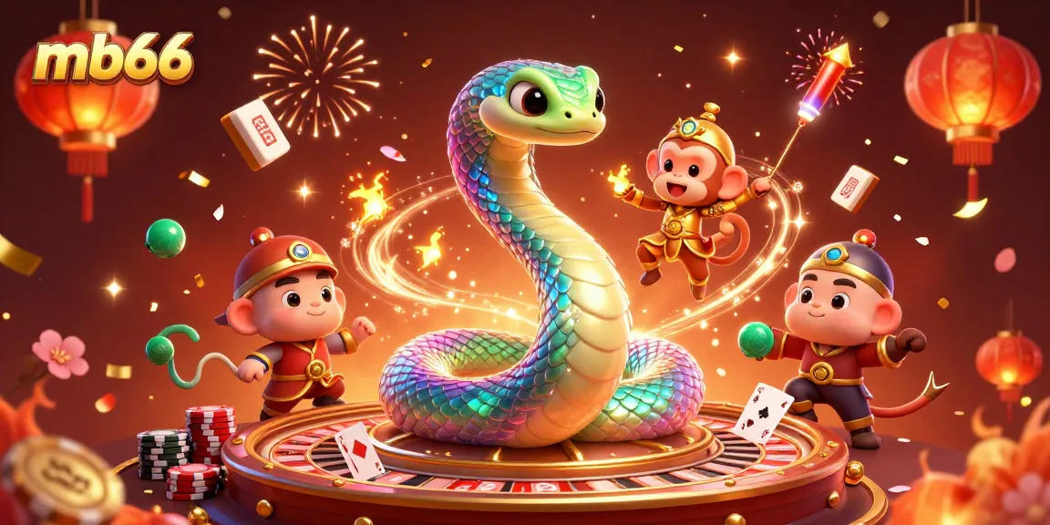 Experience the thrill of gaming as mb66 brings you an enchanting scene with a rainbow serpent and poker elements.