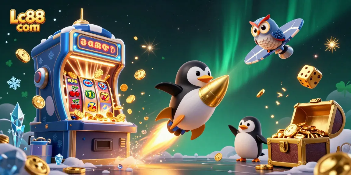 Experience the thrill of gaming at Lc88 com with a golden penguin blasting through a vibrant 3D casino universe.