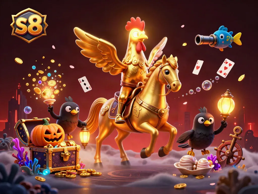 Engage in thrilling s8 casino adventures with golden rooster characters amidst enchanting treasures.