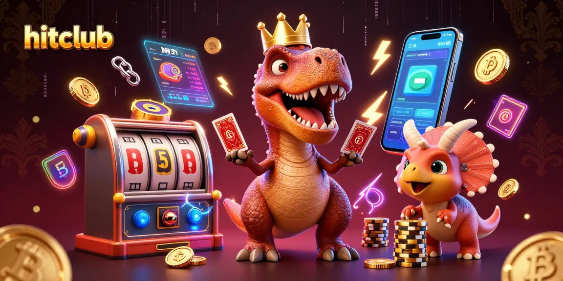 Play exciting games at hitclub with 3D T-Rex shuffling cards and vibrant casino elements.
