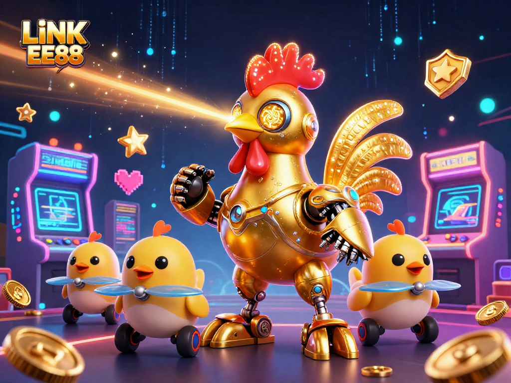 Engage with LINK EE88's vibrant casino world through a dynamic illustration featuring a retro-futuristic rooster robot.