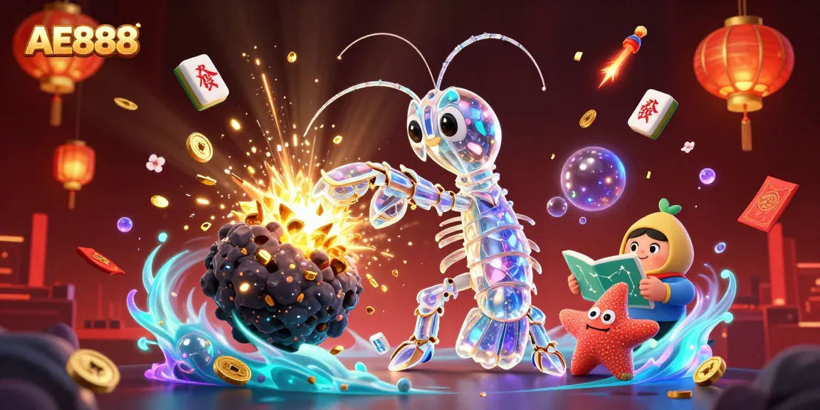 Engage with AE888 casino action featuring a vibrant 3D scene of mantis shrimp and starfish amidst dynamic gaming elements.