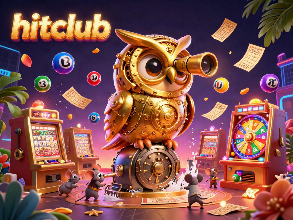 Experience hitclub's vibrant gaming world with lively lottery balls and a majestic owl in an engaging casino scene.