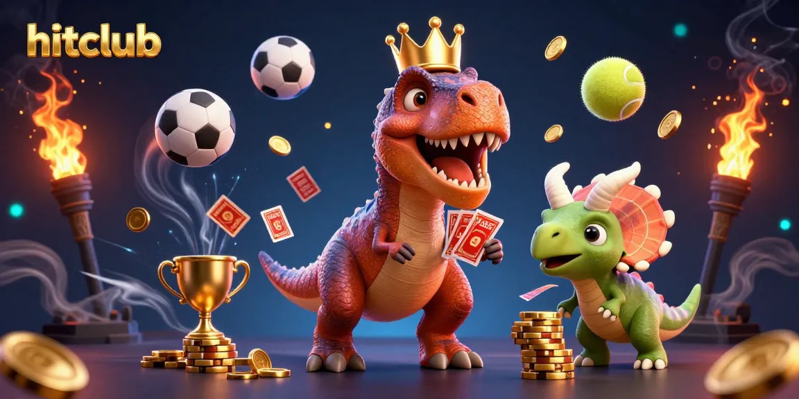 Hitclub players enjoy vibrant 3D casino games with a T-Rex and triceratops in a dynamic scene.