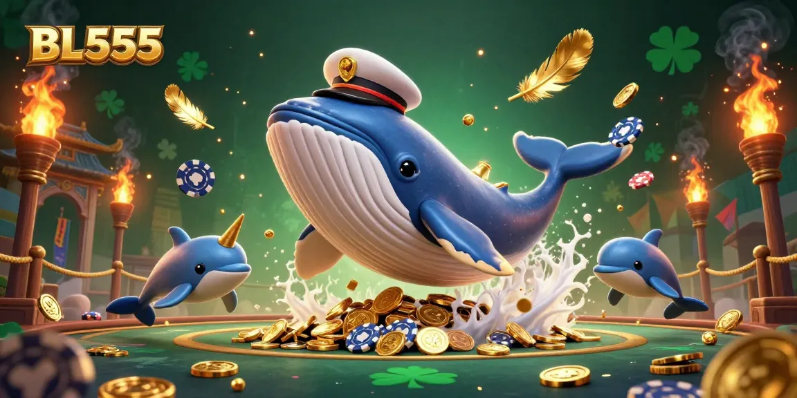 BL555 showcases a 3D whale captain breaching coins, surrounded by dolphins and game elements.