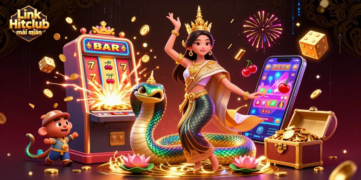 Experience the excitement of Link Hitclub mới nhất with a vibrant 3D illustration of dynamic gaming elements and characters.