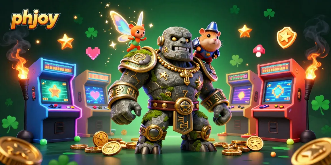 Join phjoy for an exciting gaming adventure, featuring a golem guardian and knight amidst vibrant arcade elements.