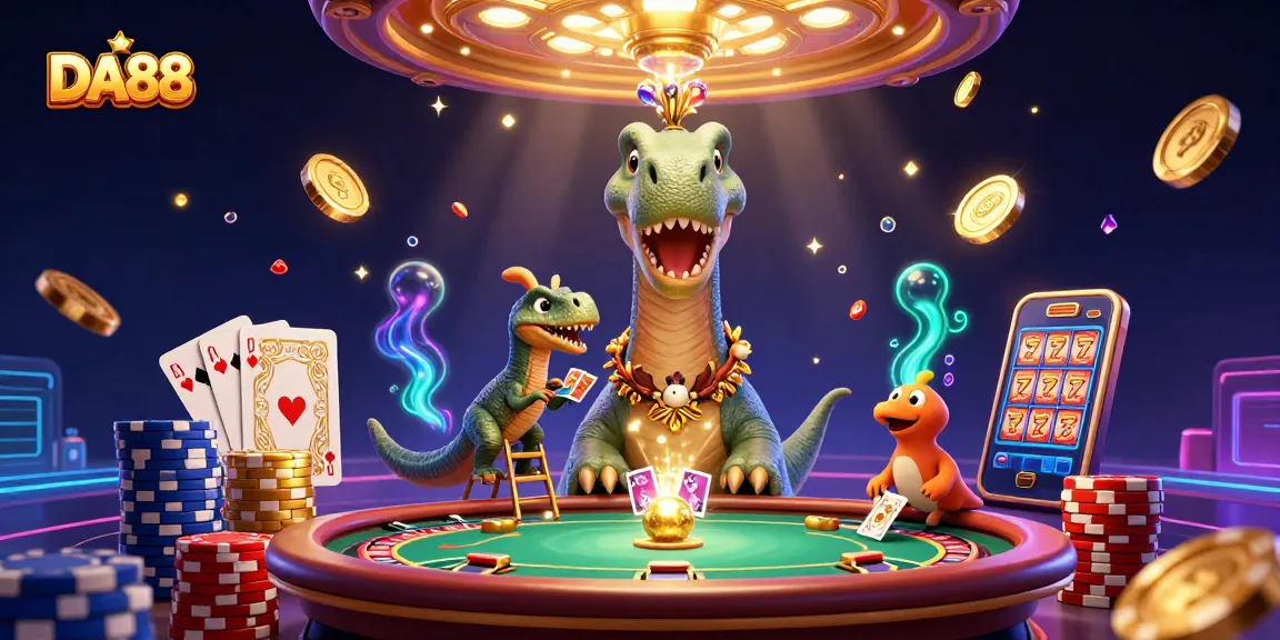 Experience DA88 excitement with a giant brontosaurus in a vibrant casino scene, full of thrilling gaming action.
