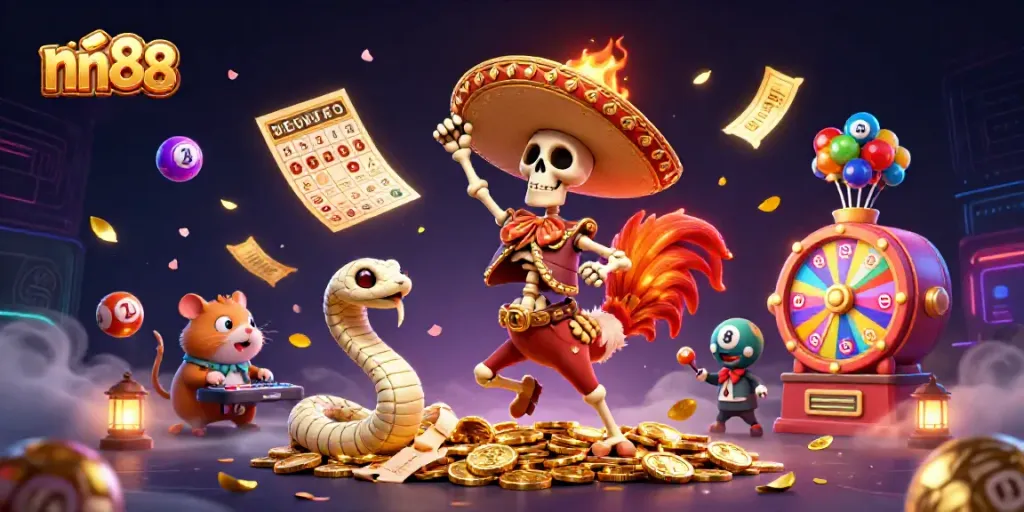 Experience nn88's vibrant energy with dynamic characters celebrating in a casino-themed scene.