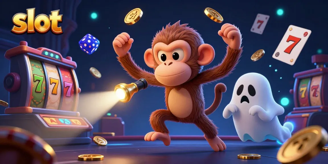 Experience thrilling slot gameplay featuring a mischievous monkey and a curious pup in a haunted casino scene.