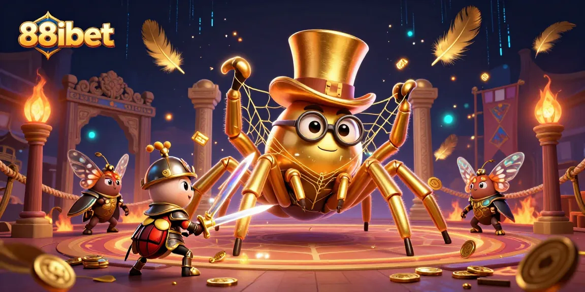 Engage with thrilling adventures at 88ibet, showcasing a whimsical scene of a knight and a golden tarantula in a casino!