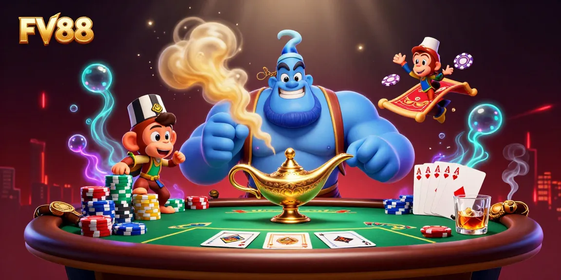 Play exciting games at FV88 with a vibrant casino scene featuring poker chips and a dynamic atmosphere.