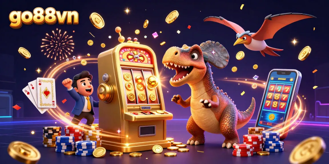 Engage with go88vn by spinning the jackpot reels as a pachycephalosaurus celebrates a big win.