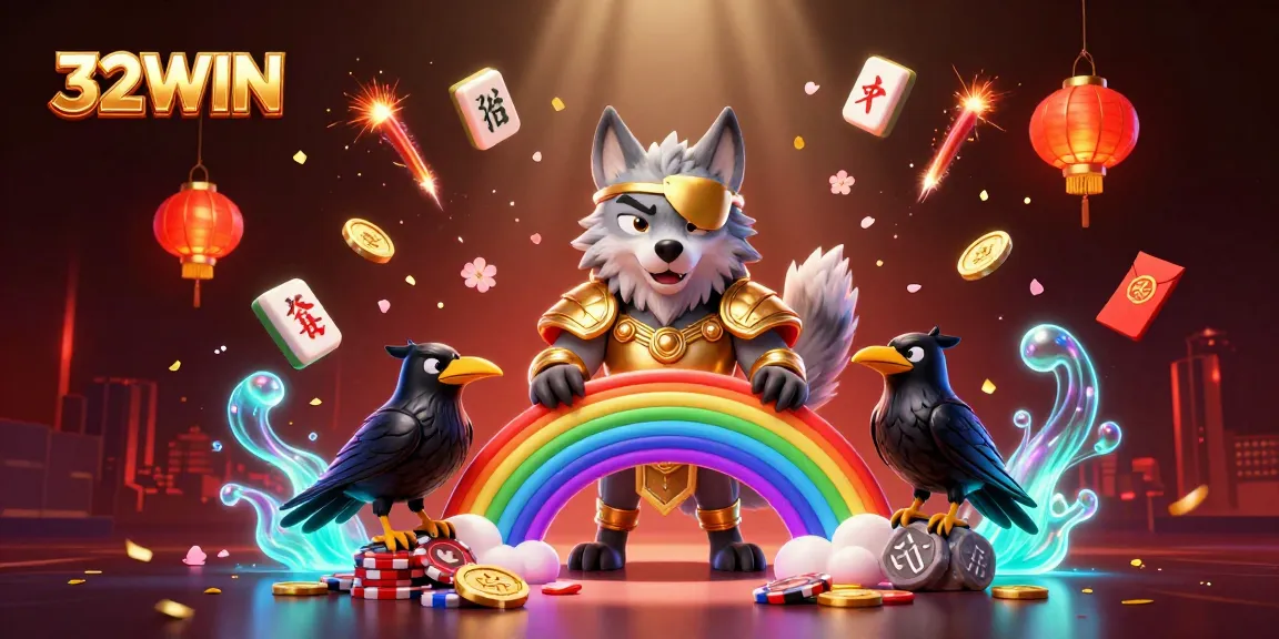 Experience excitement with 32WIN's vibrant casino-themed 3D illustration featuring Odin and elements of luck.