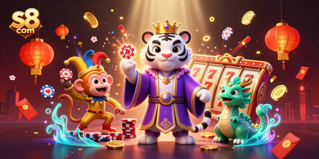 Engage in thrilling casino action at s8 com with vibrant characters, golden coins, and playful elements.