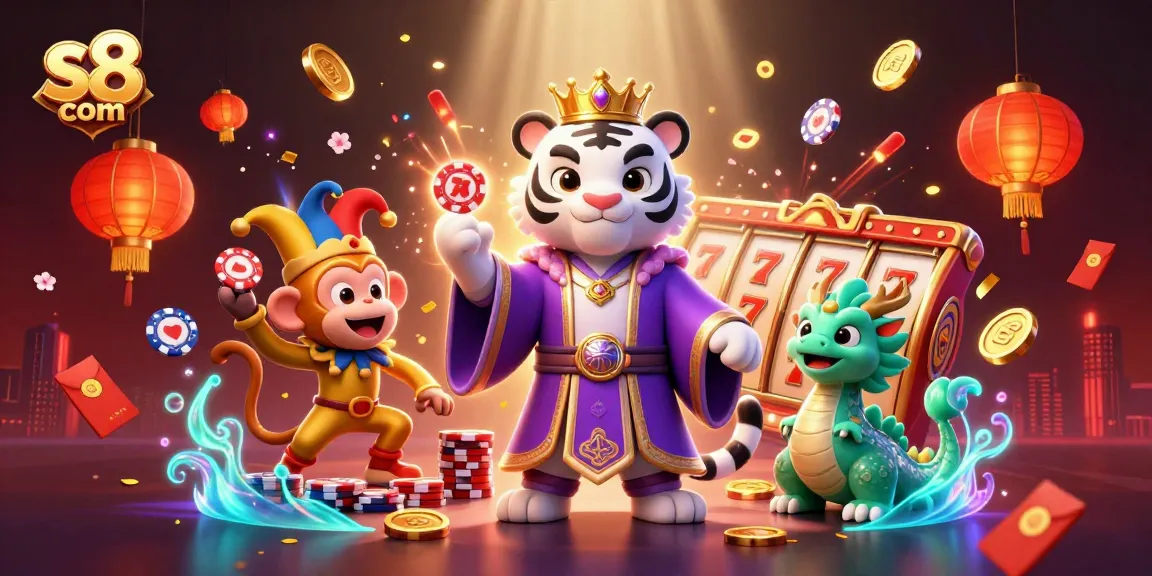 Engage in thrilling casino action at s8 com with vibrant characters, golden coins, and playful elements.