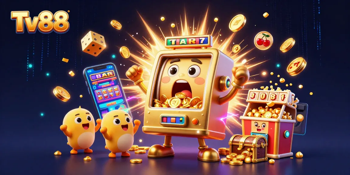 Tv88 reveals excitement with a golden slot machine hitting a jackpot, amidst dynamic casino symbolism.