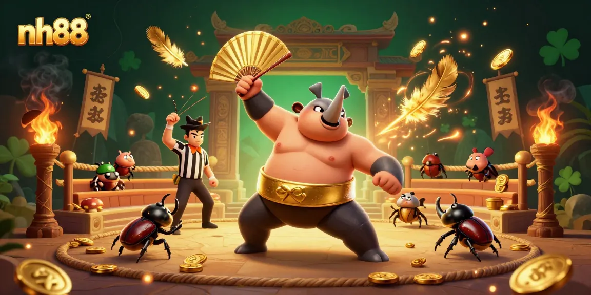 Experience the thrilling action at nh88 with a sumo beetle champion and cash flying around in an exciting casino setting.