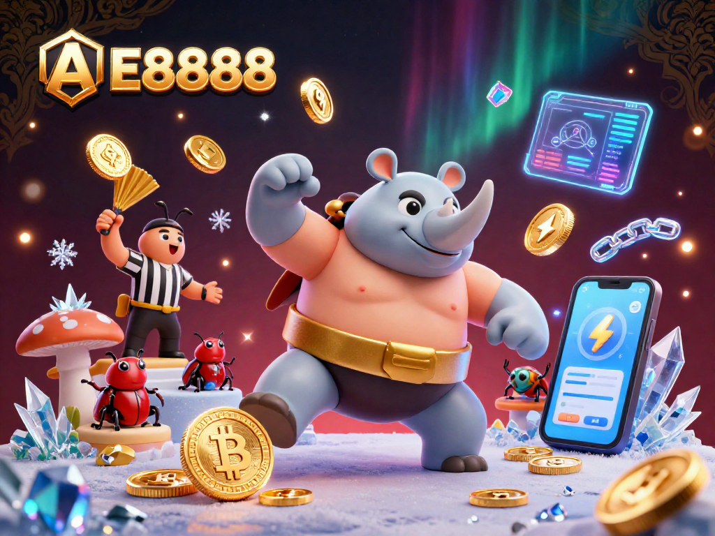 Engage with AE8888 as a sumo beetle champion stirs up golden coins in a vibrant crypto casino.