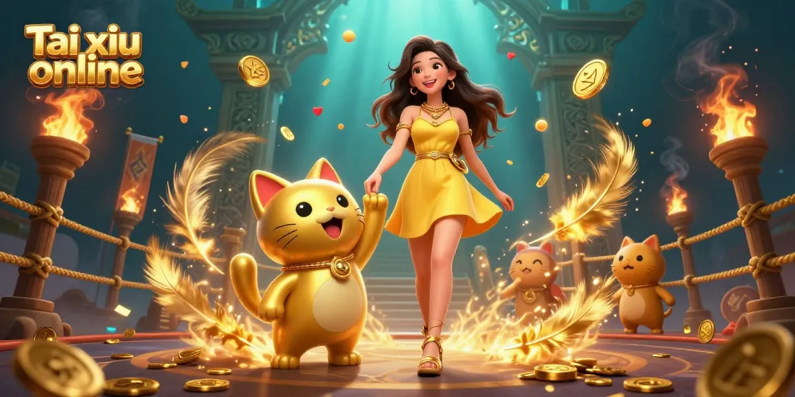 Engage in Tai xiu online with a lucky cat mascot, vibrant gold coins flying around in a dynamic casino scene.