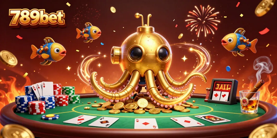 Experience thrilling poker action at 789bet with vibrant visuals of a kraken submarine and poker elements.