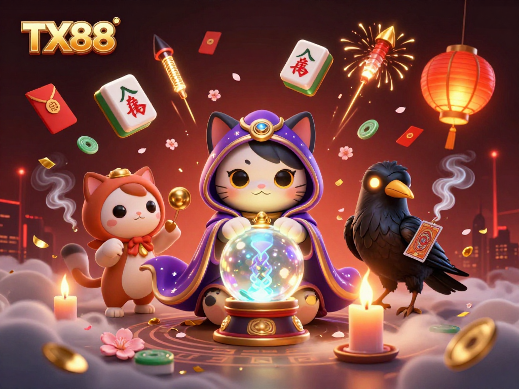 Engage in the mystical world of TX88 with a captivating fortune teller cat and magical symbols.