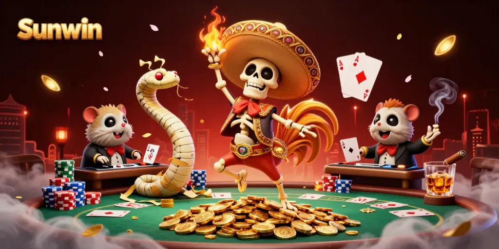 Engage in thrilling gaming with Sunwin's energetic scene featuring lively characters and vibrant casino elements.