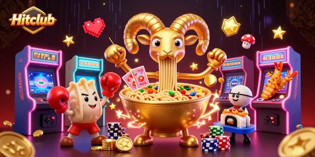 Engage with Hitclub's vibrant gameplay featuring a golden ramen bowl, sushi dealer, and colorful casino elements.