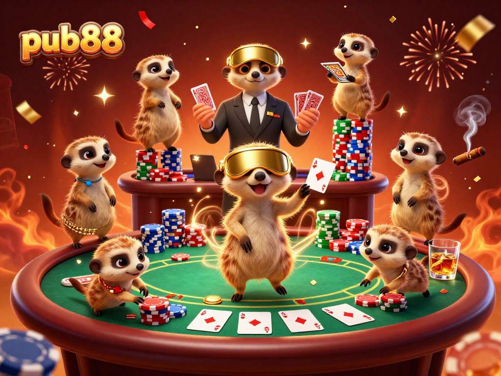 Experience excitement at pub88 with meerkats running their vibrant casino operation amidst colorful poker elements.