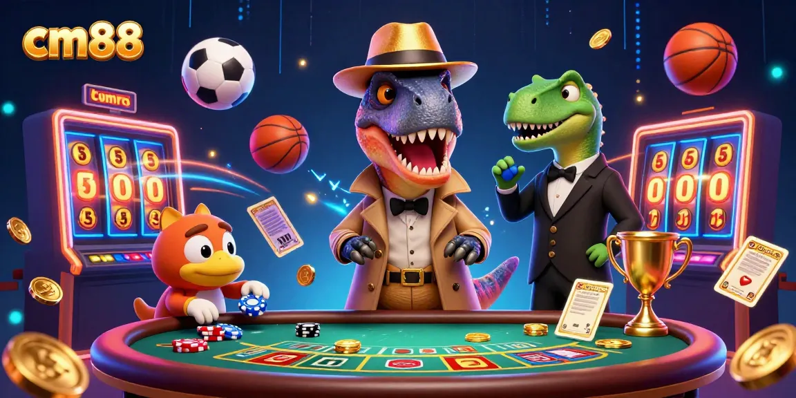 Engage with cm88 at an exciting blackjack table featuring animated dinosaurs in a quirky casino scene.
