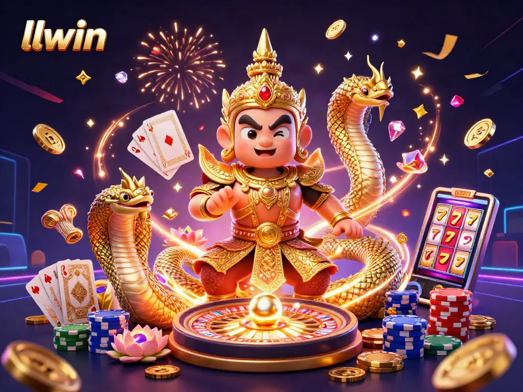 Experience llwin with vibrant casino excitement and friendly guardians amidst golden coins and roulette.