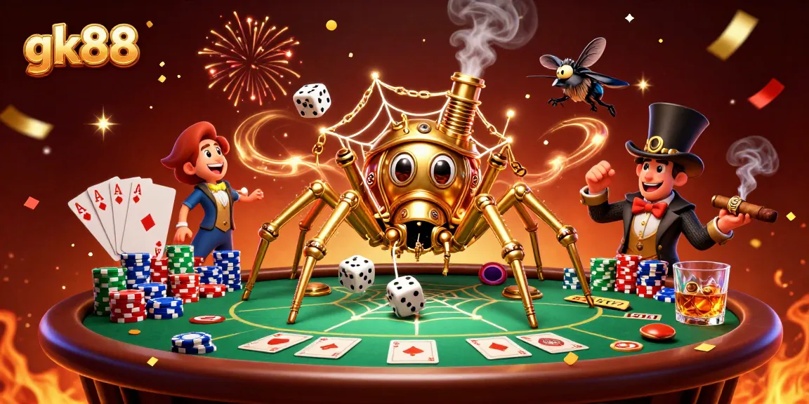 Experience gk88's thrilling casino atmosphere with a dynamic illustration of a steampunk spider and poker scene.