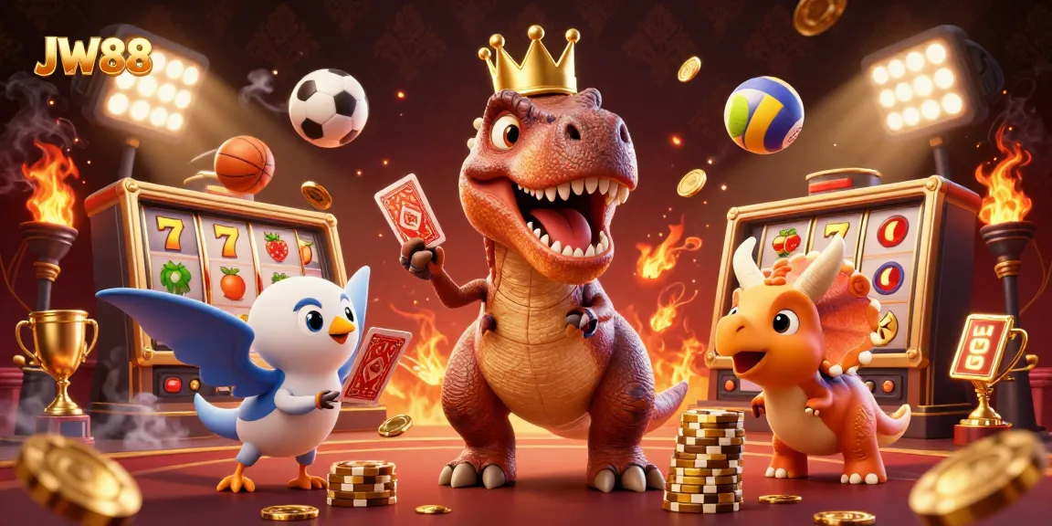 JW88 casino adventure featuring a T-Rex, pterodactyl, and triceratops amidst golden elements.