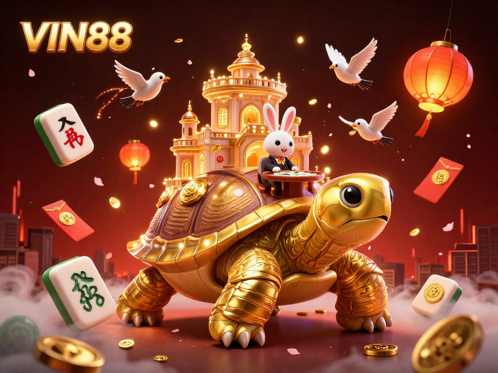 Experience the thrilling vibrance of VIN88 with a captivating casino scene featuring a tortoise palace and festive elements.
