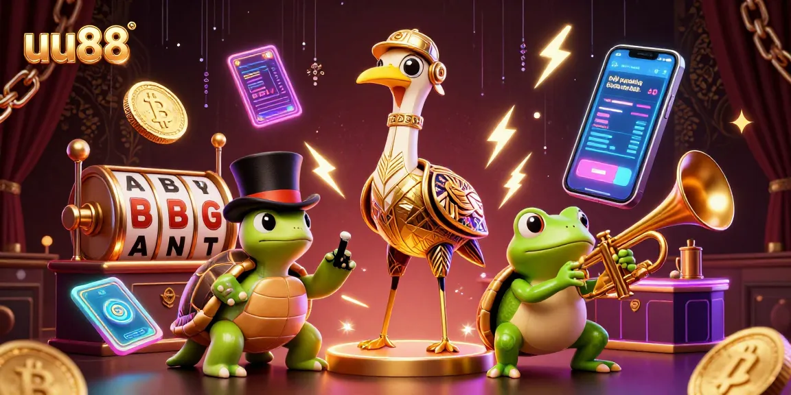 Experience thrilling gameplay at uu88 with vibrant slot reels and crypto coins illuminating the scene.