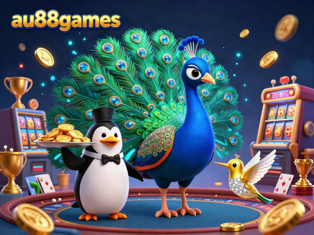 Experience thrilling casino wins with au88games in this vibrant 3D illustration, featuring a peacock, penguin, and hummingbird.