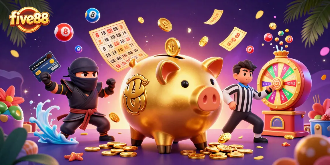 Catch the excitement at five88 as a golden piggy bank sumo wrestler shakes coins amidst vibrant lottery elements.