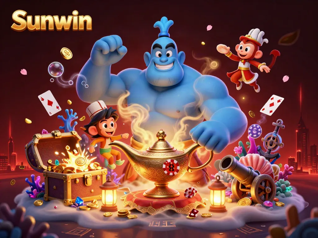 Experience Sunwin's gaming magic with a massive genie and treasures in an enchanting scene.