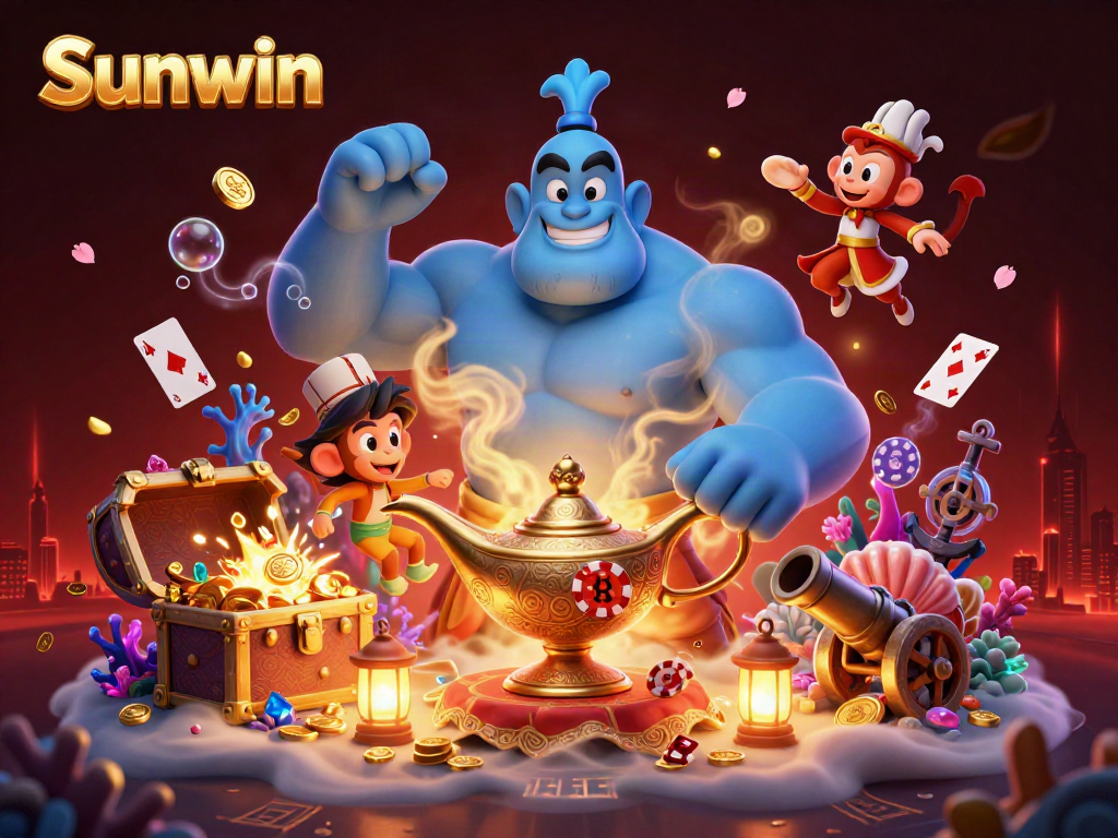 Experience Sunwin's gaming magic with a massive genie and treasures in an enchanting scene.