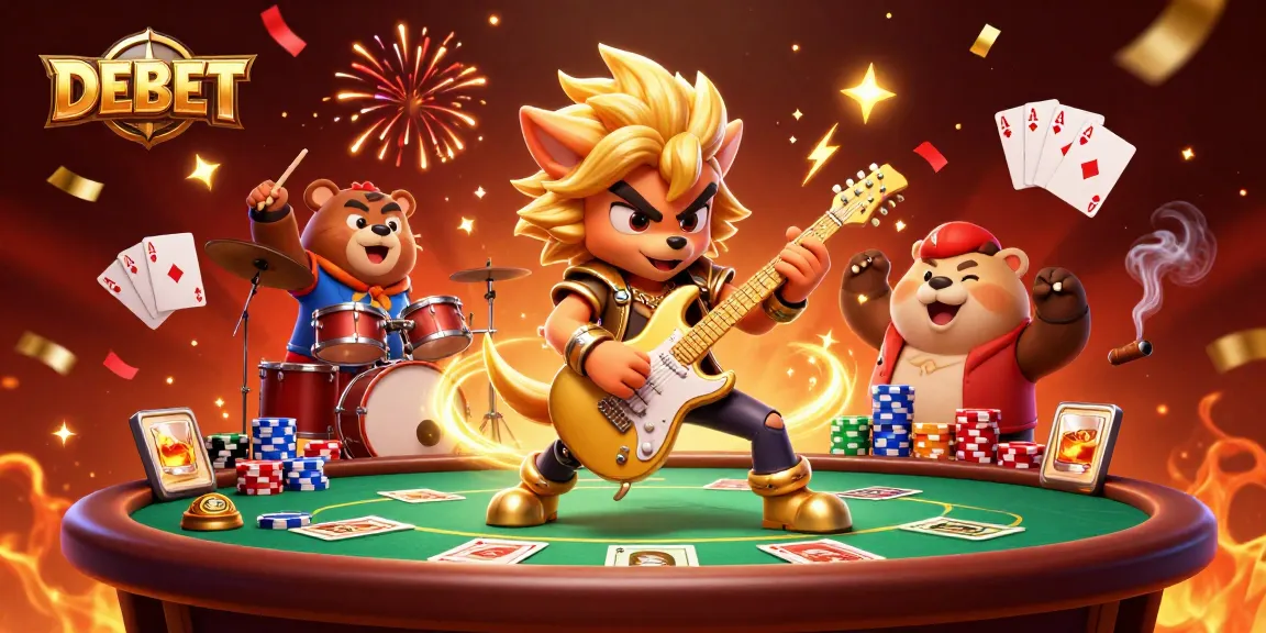 Experience the thrilling world of DEBET with a vibrant casino scene featuring rock star characters and poker gameplay.