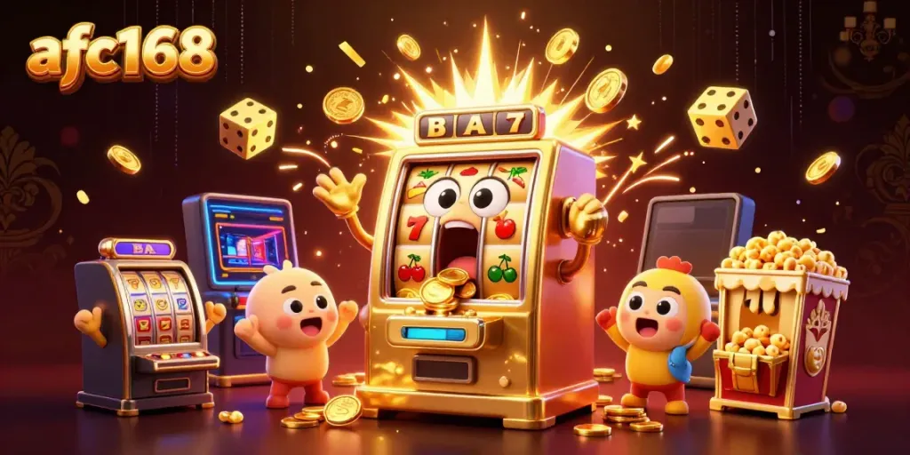 Experience the excitement of afc168 with a golden slot machine celebrating its jackpot win amid flying coins and vibrant casino elements.