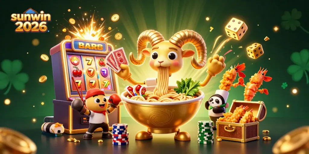 Engage with the vibrant world of sunwin 2026, featuring a dynamic casino scene with a golden ramen bowl dealer and thrilling slots.
